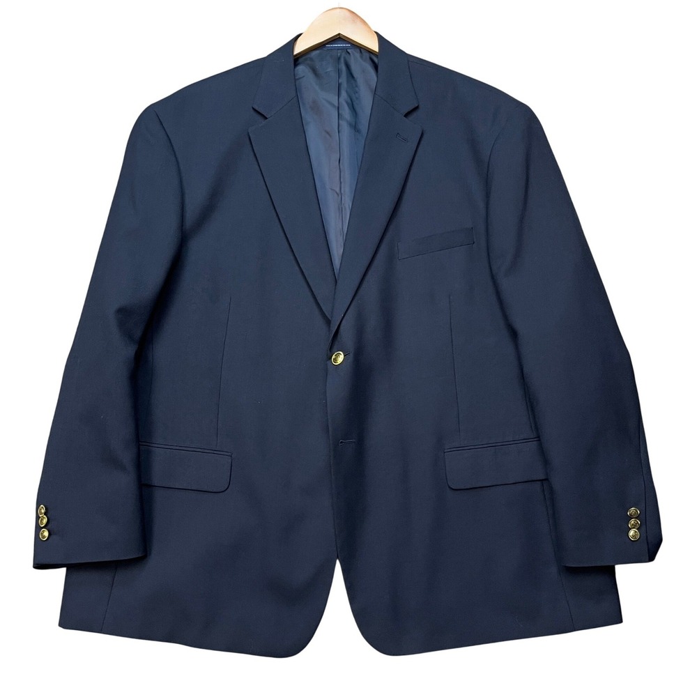 Stafford Essentials Blazer Men 52 Navy Blue Flap Pockets Wool Blend Gold Buttons